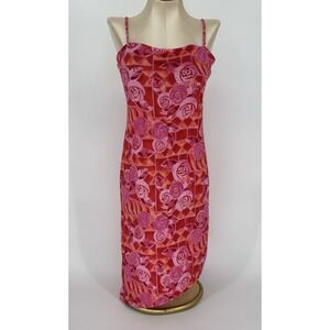 Passport Vintage Y2K Rose Floral Midi Dress Red Pink Orange Spaghetti Strap Med